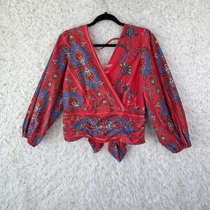 Conditions Apply Floral Wrap Top Large Red Boho Puff Sleeve Tie Back Blouse